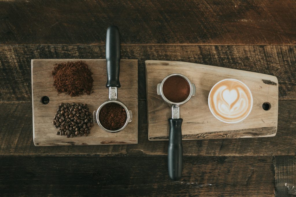 Barista, coffee, beans and latte